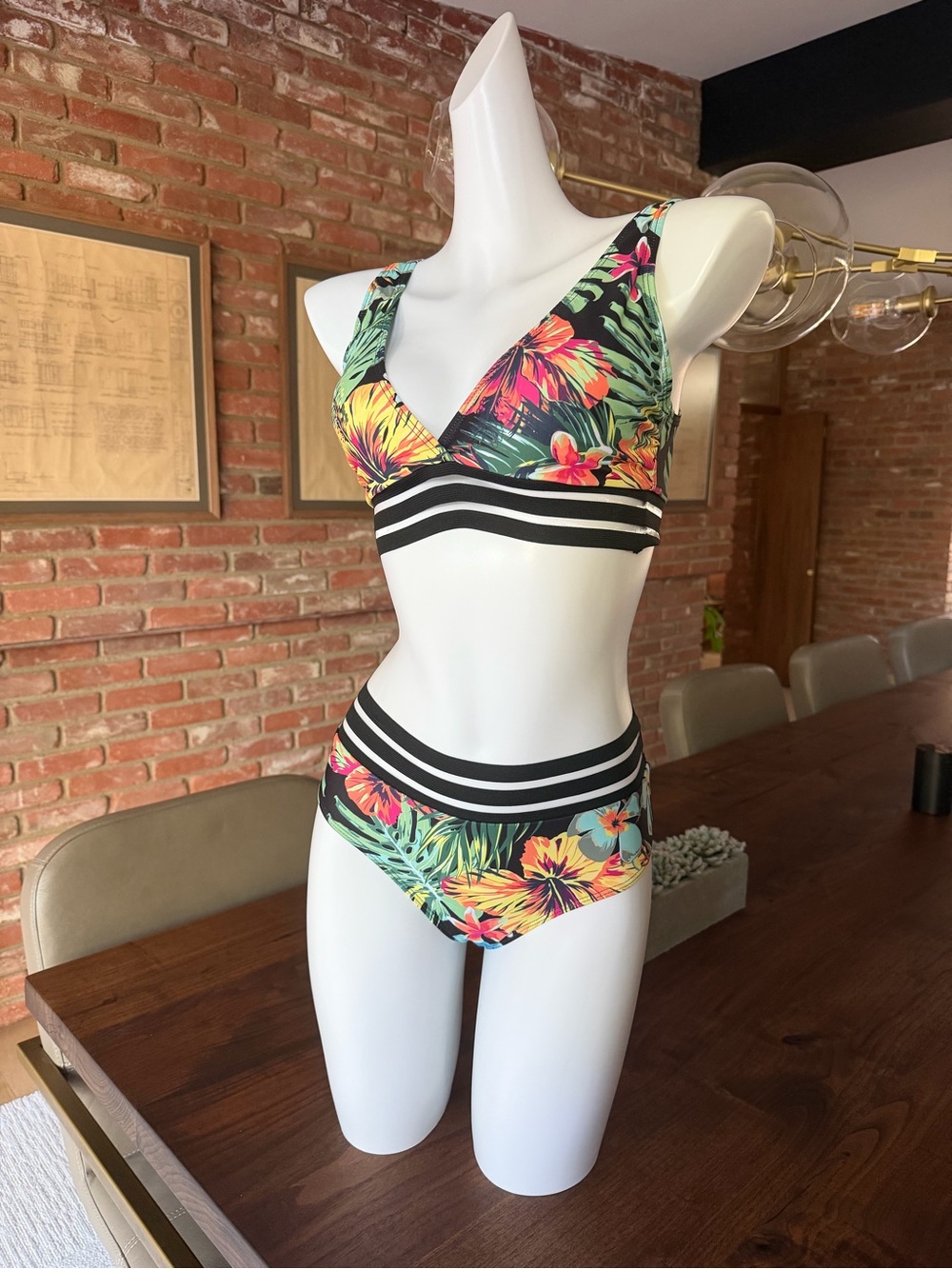 SHEIN Tropical Floral Stripe Bikini Set - Black, Yellow, Pink, Green